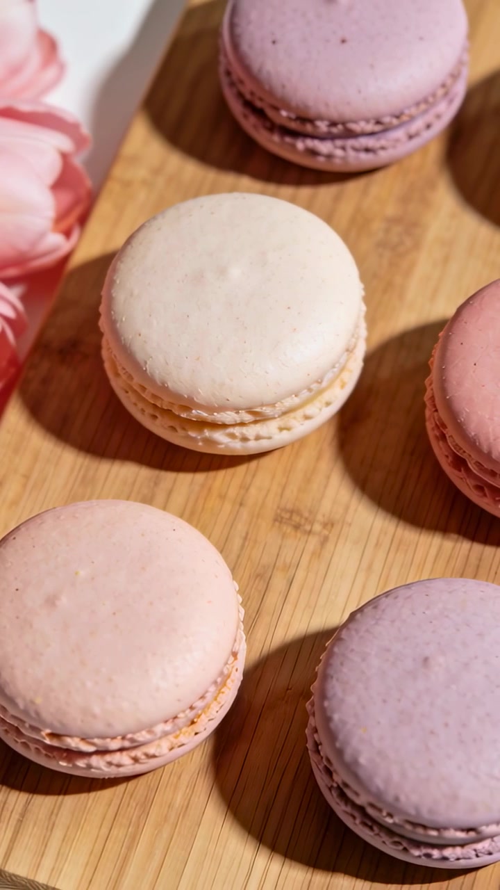 Vertical video: Sliding camera revealing pastel macarons on board in kitchen, centering macaron