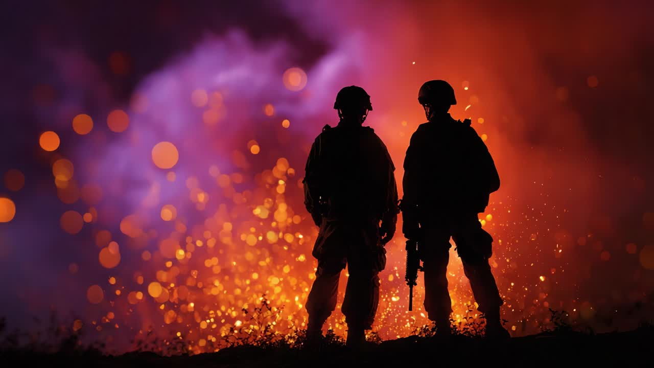 Silhouetted Figures Stand Against a Fiery Background, Merging Heroism and Danger, as Glowing Embers and Colorful Smoke Create a Visually Striking Contrast between Light and Shadow