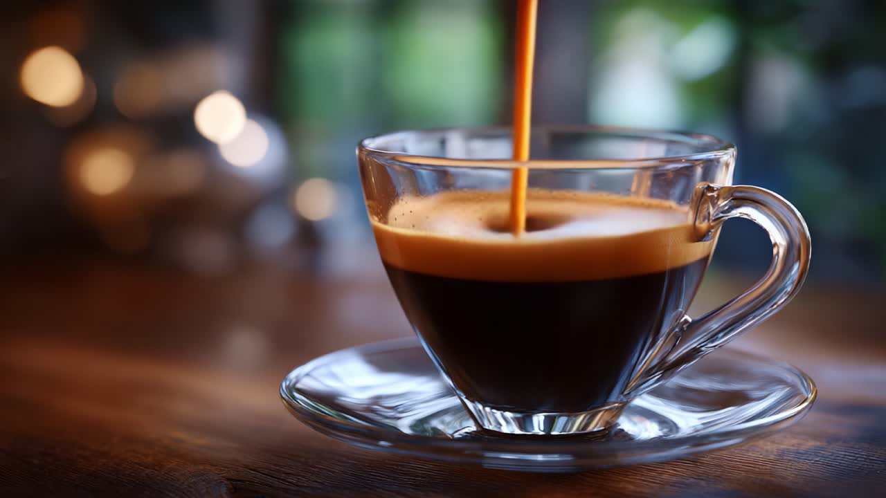 Uma xícara de café espresso lindamente preparada capturada em dois momentos, mostrando o aroma rico e a textura do café contra um plano de fundo suavemente desfocado