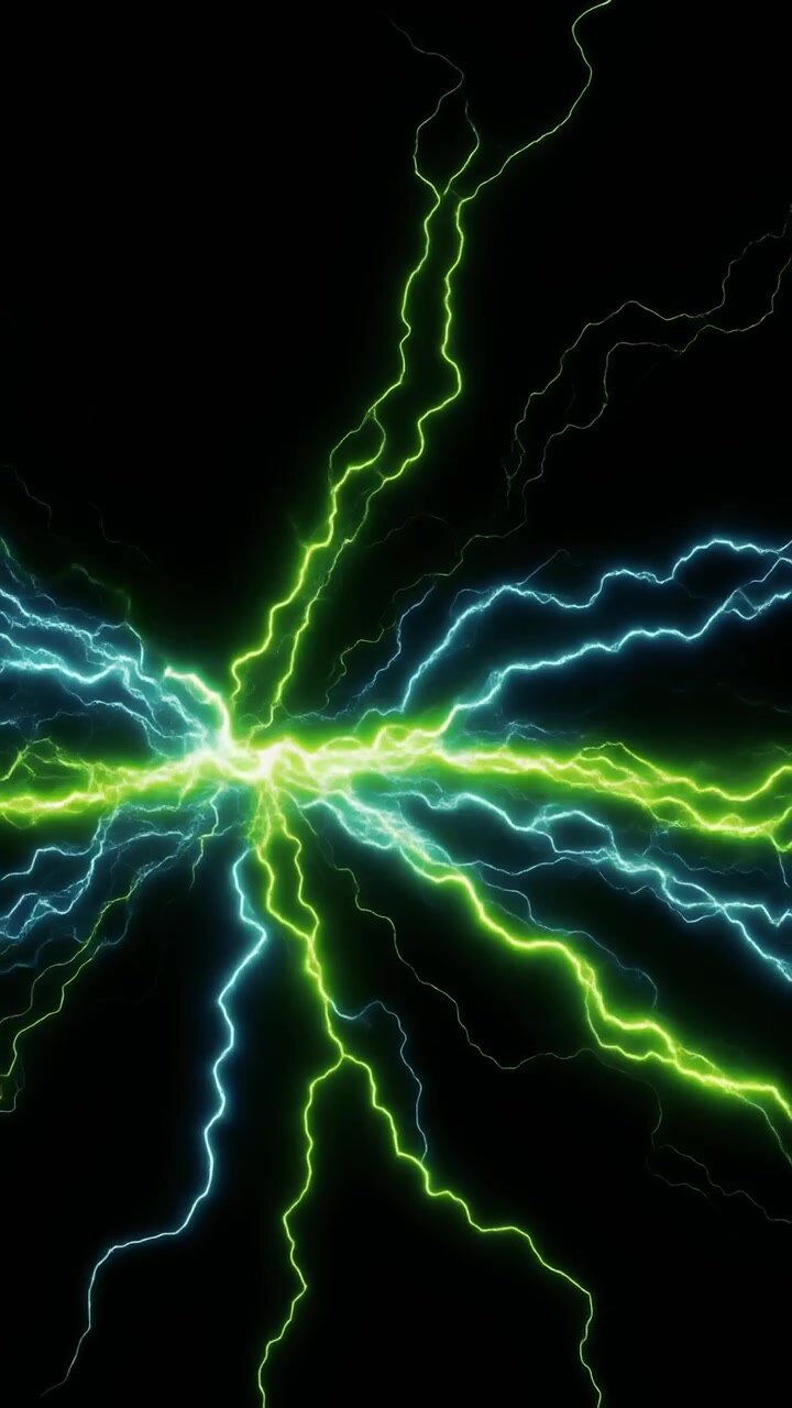 Fulmini elettrici animati verdi e blu su sfondo nero