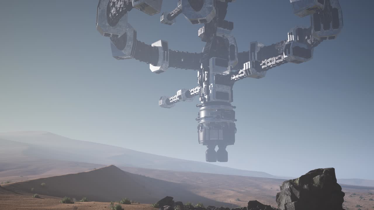 alien spaceship rotate over desert. ufo