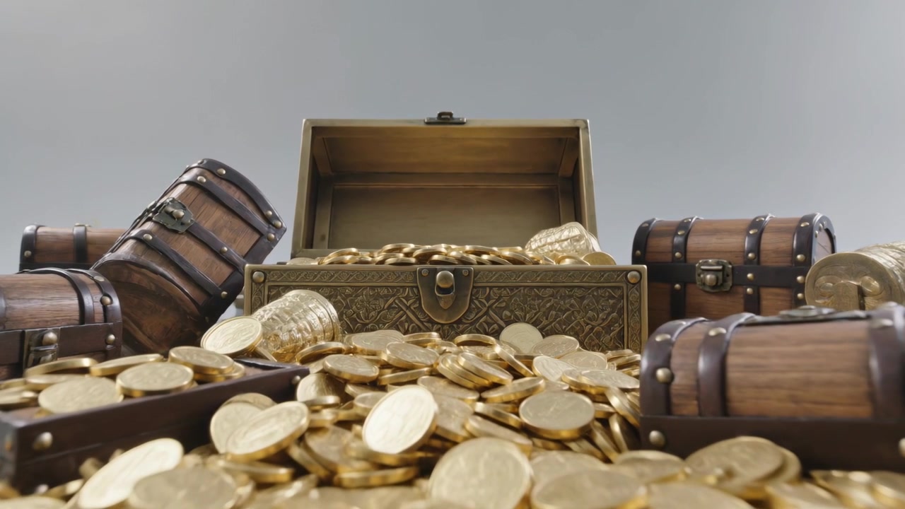 La caméra recule, révélant un coffre au trésor en métal orné et ouvert sur une table de studio, montrant des pièces d'or.