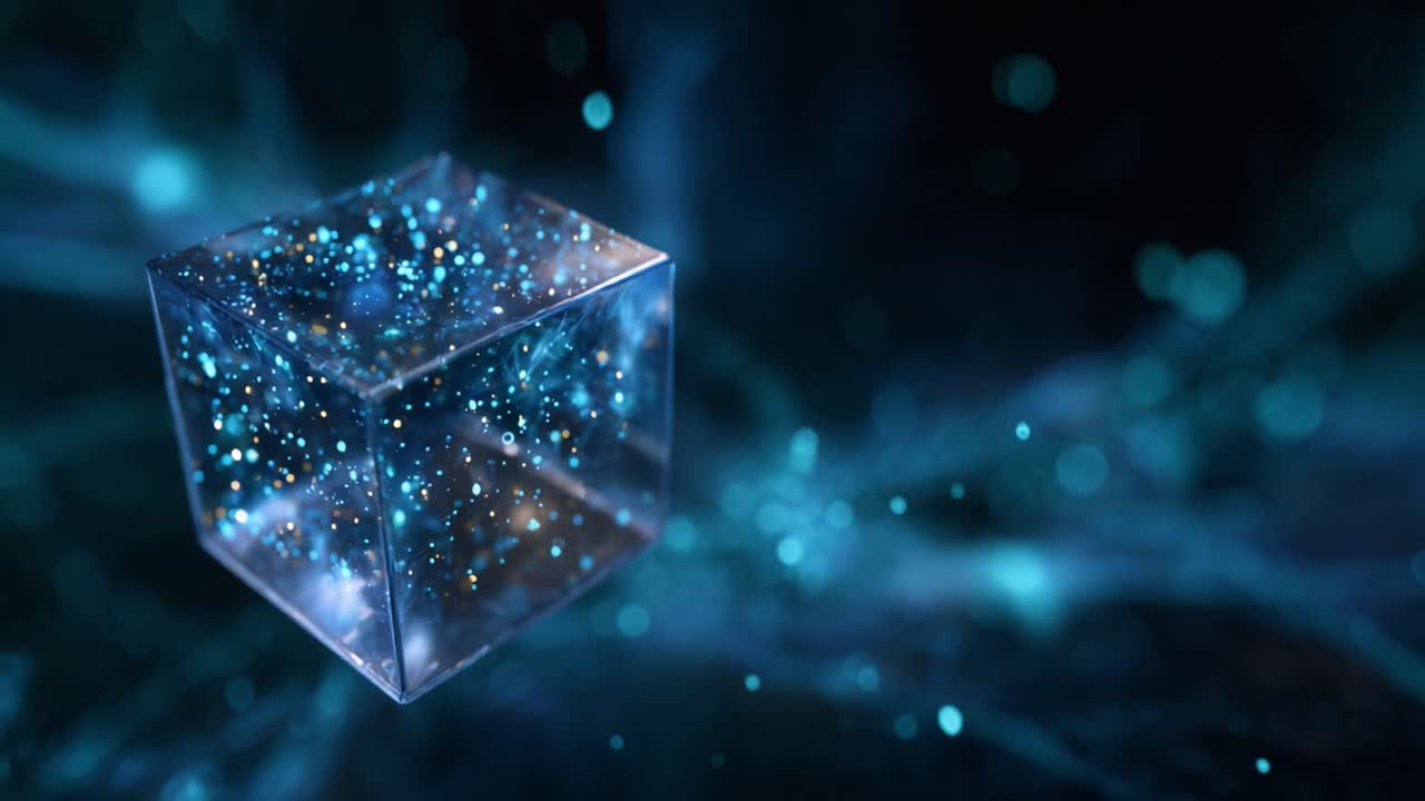 A captivating luminous cube suspended in a cosmic environment, showcasing sparkling particles and dynamic light trails that evoke a sense of wonder and exploration