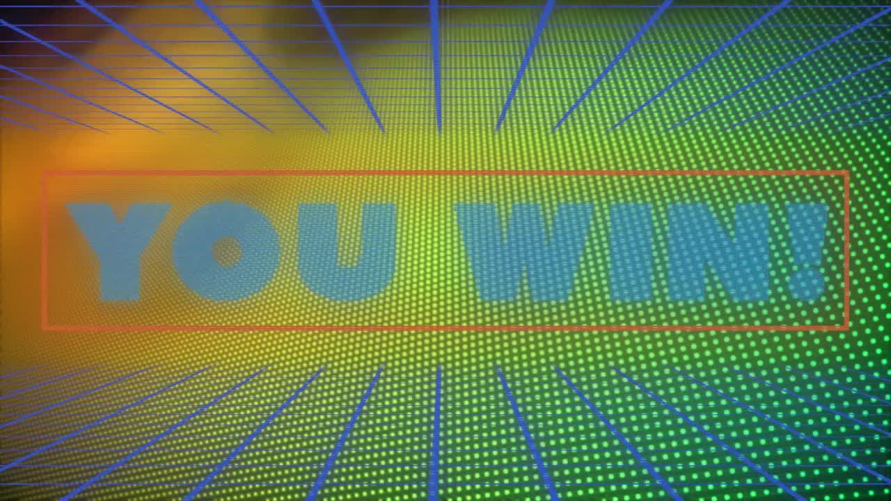 animación de usted ganar texto sobre la cuadrícula azul sobre fondo amarillo y verde