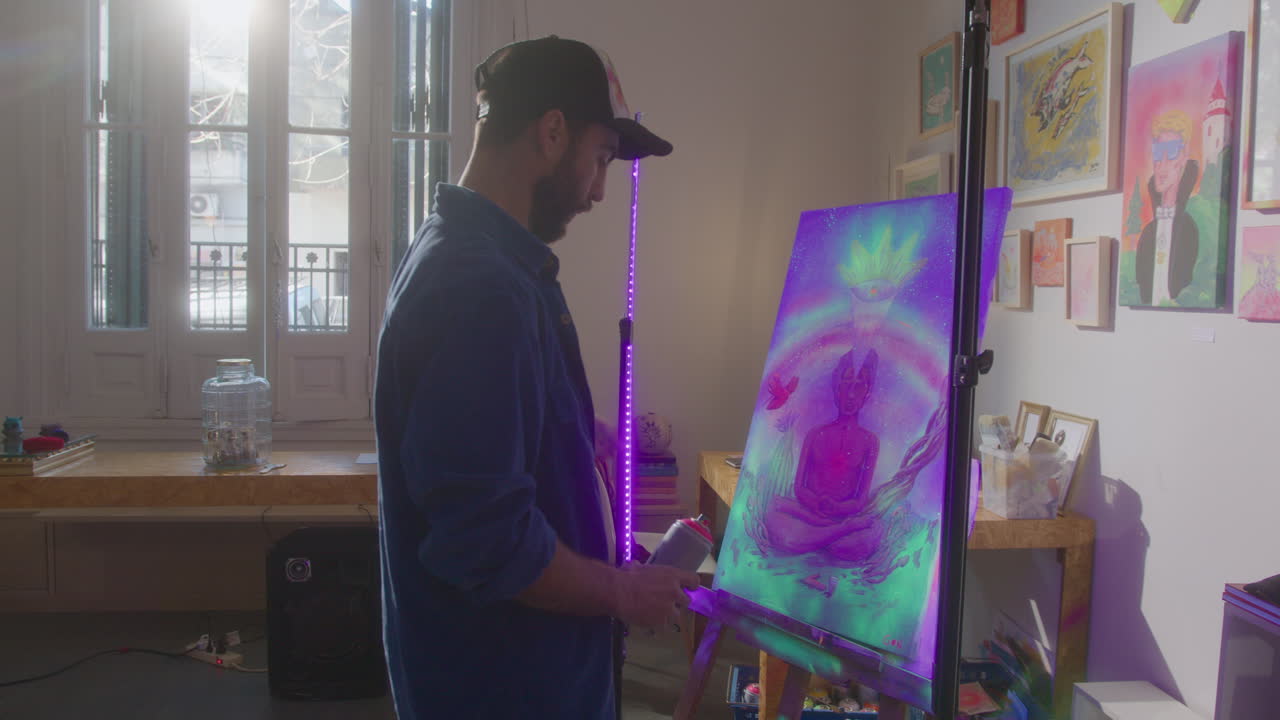 Artist Moving UV Lamps to Easel with Glowing Painting on Canvas
