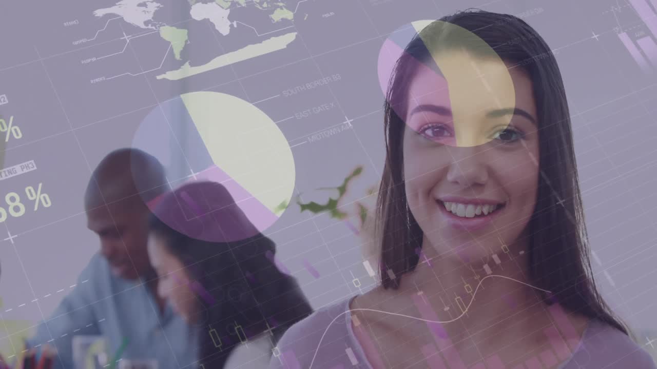 animación de estadísticas y procesamiento de datos sobre una mujer de negocios que usa una tableta