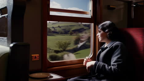 woman gazing out of a train window at the passing countryside