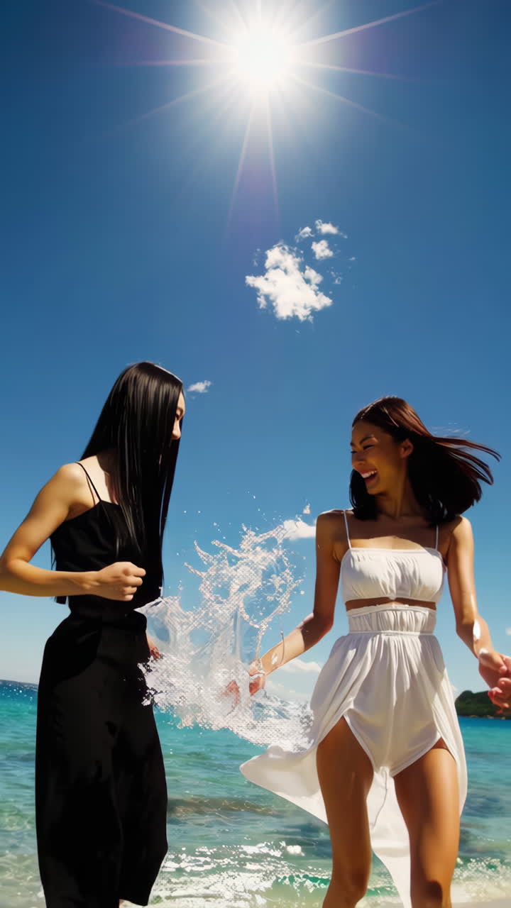 두 친구 가 빛 이 있는 해변 날 을 즐기고 있다