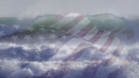 digital composition of waving us flag against waves in the sea