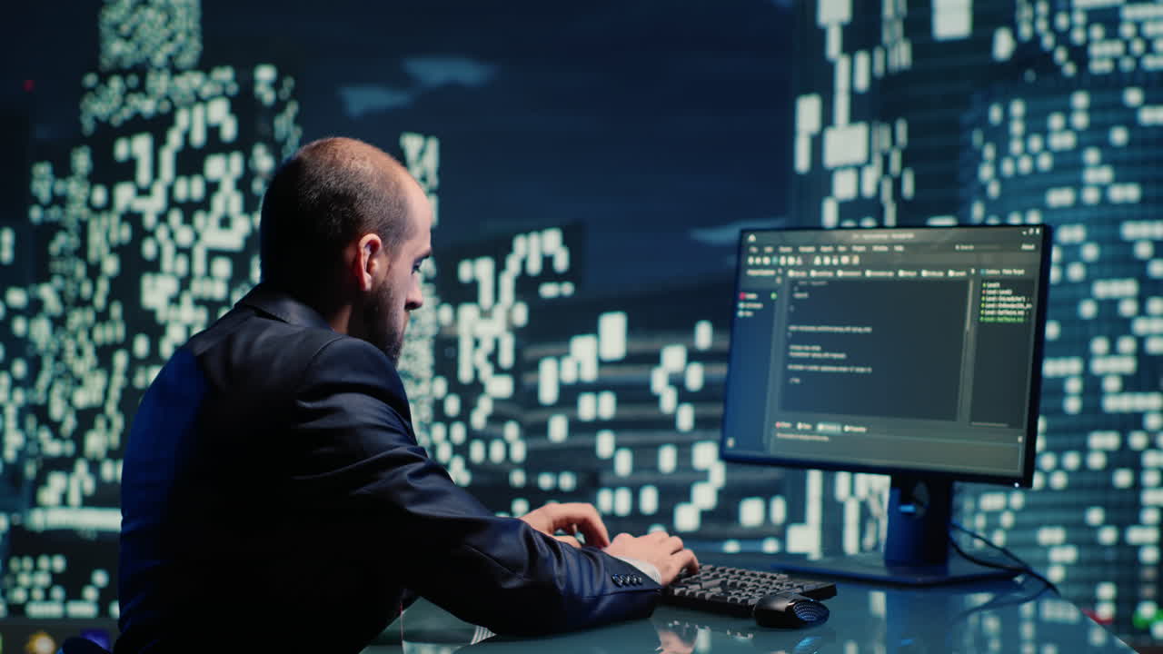 Man working on computer coding in cybersecurity environment