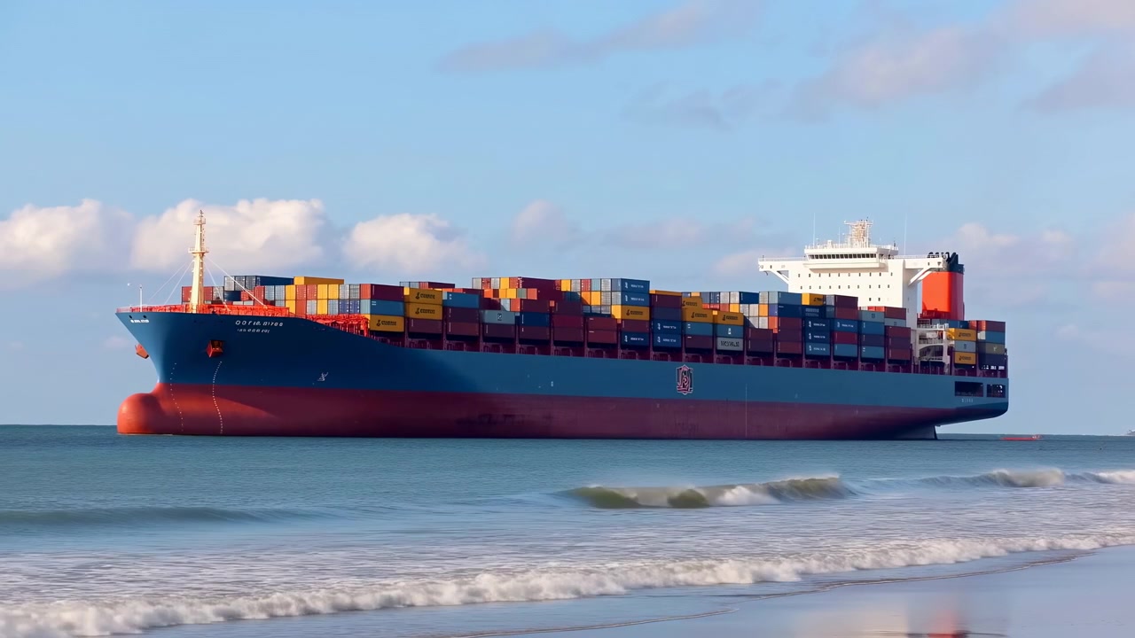 Ampio profilo a livello del mare di una grande nave portacontainer ancorata vicino alla riva, che mostra lo scafo blu scuro e rosso con una prua a bulbo pronunciata, e molteplici file di container intermodali multicolori impilati.
