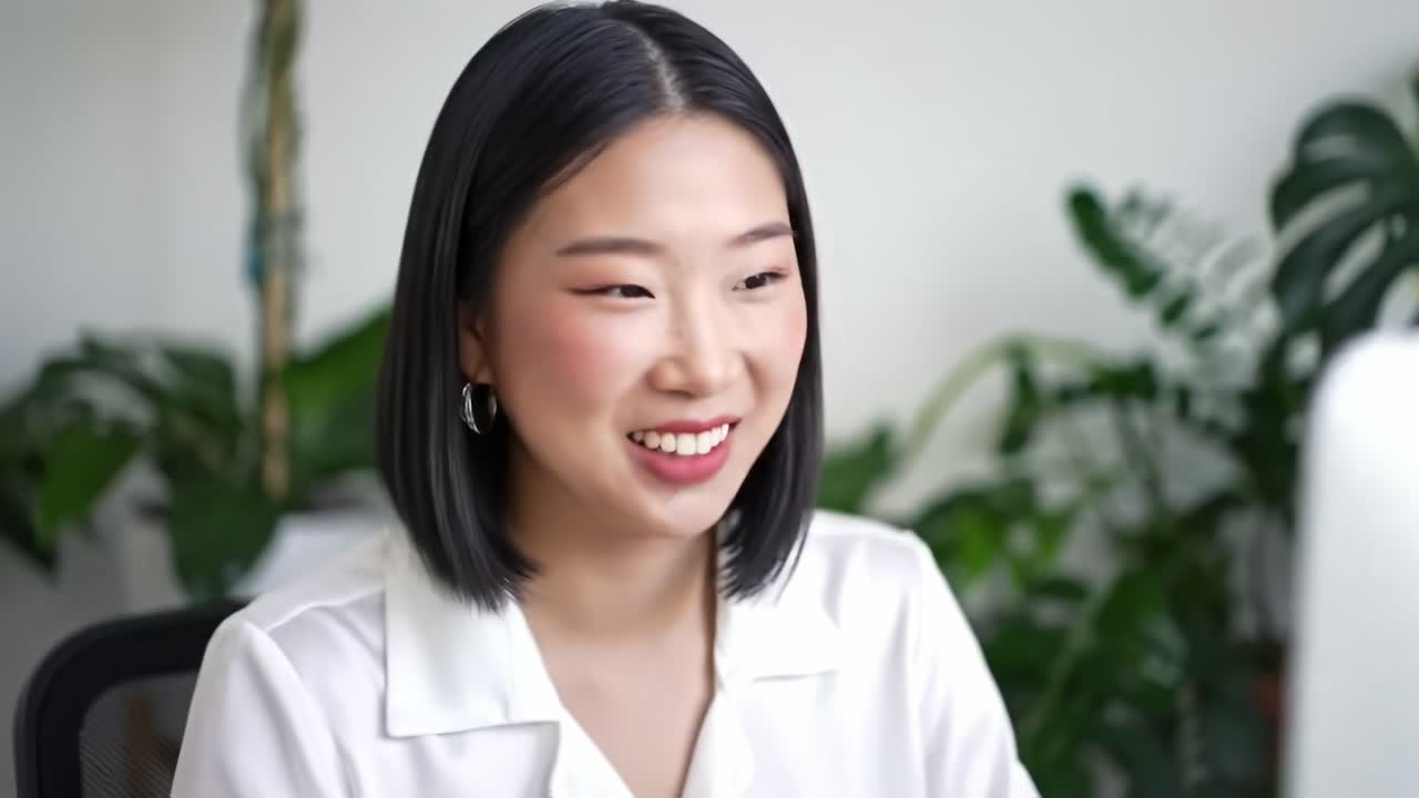 A Young Woman Engaged in Work at a Bright and Lush Office Space Surrounded by Green Plants, Smiling While Using Her Computer and Mouse for Tasks
