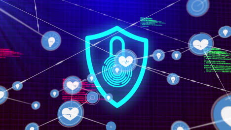 animación de escudo y bloqueo de ciberseguridad sobre íconos de corazón digitales interconectados
