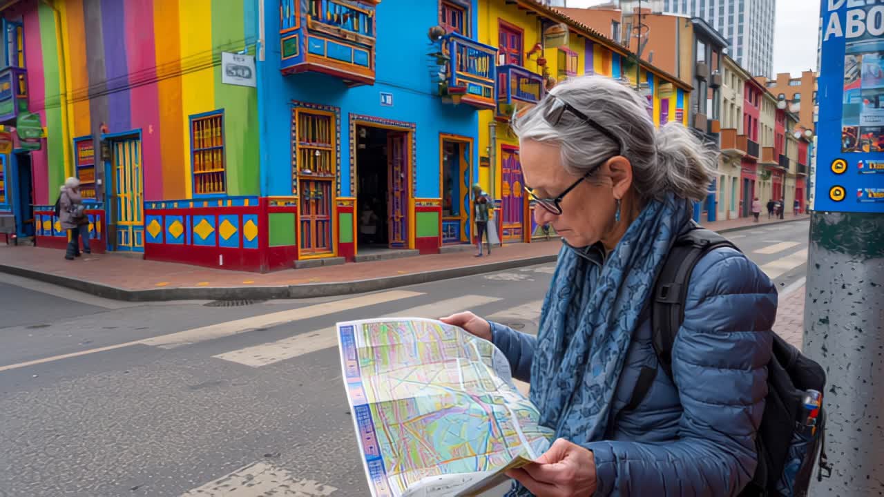 Viaggiatrice anziana con zaino che studia una mappa cartacea su una strada cittadina accanto a luminose facciate coloniali a La Candelaria, Bogotà, Colombia, scena di viaggio diurna