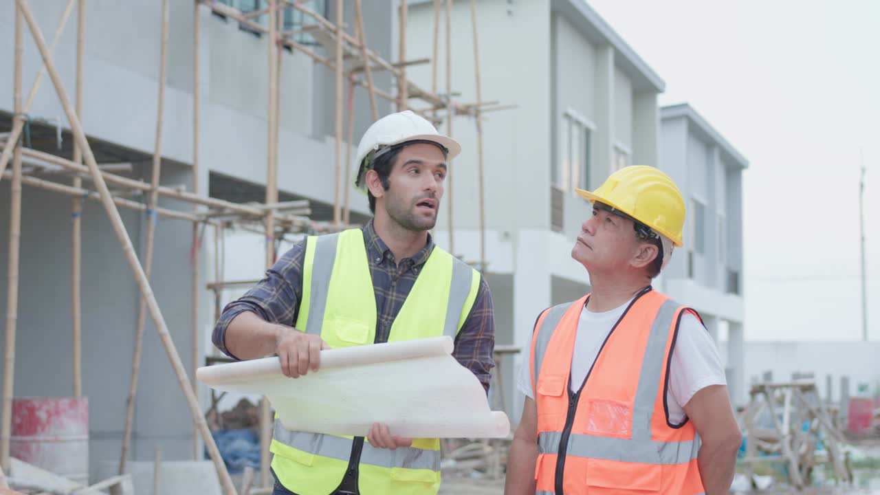 ingeniero civil profesional masculino o arquitecto con contratista, obrero capataz. mientras mira el plano discuten la reunión del proyecto de construcción de éxito y apuntan con un apretón de mano en el sitio de construcción.