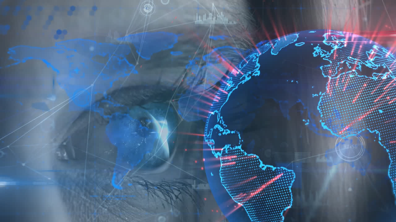 Animação de globo sobre ícones conectados, mapa contra close-up de olho abrindo de mulher caucasiana