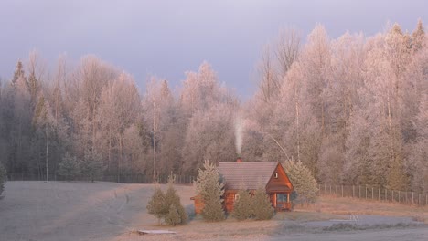 a house on the edge of the forest next to the freeze pond.