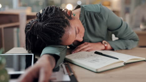 business woman, tired and sleeping on desk