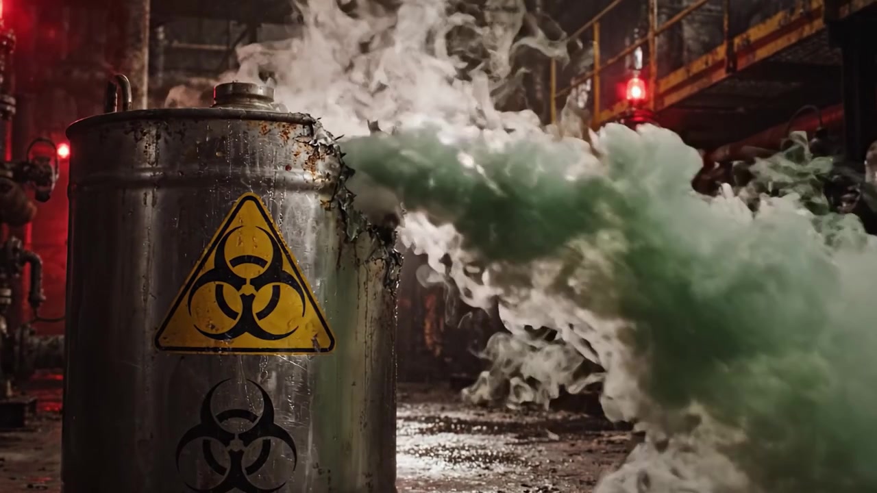 A potent warning looms over a hazardous industrial environment as toxic smoke billows from a deteriorating biohazard container, illuminating the eerie surroundings with ominous red lights.