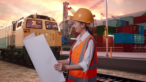 side view of asian female engineer with safety helmet looking at blueprint in her hands and looking around with freight cargo train at port