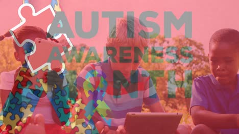 Animation-of-colourful-puzzle-pieces-and-autism-text-over-children-using-tablets