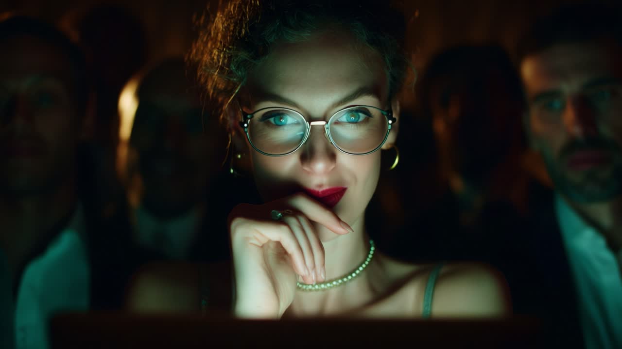 A woman with glasses smiles as she engages with a glowing screen, surrounded by a crowd. The captivating expression shows curiosity and amusement amidst the darker backdrop