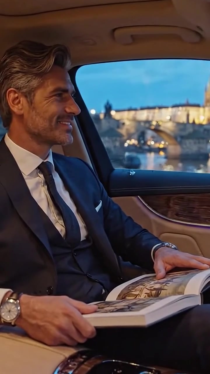 Uomo elegante si gode la vista panoramica della città dall'interno di un'auto di lusso con un libro al tramonto, vicino a un ponte storico e a un fiume, mettendo in mostra eleganza e cultura.