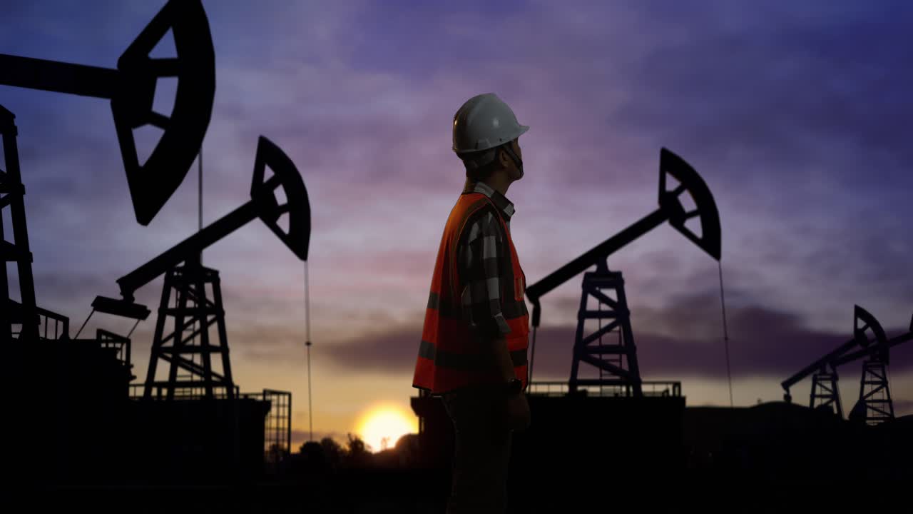 vista lateral de un ingeniero masculino asiático con casco de seguridad mirando a su alrededor mientras está de pie frente a las bombas de petróleo, durante la puesta o salida del sol