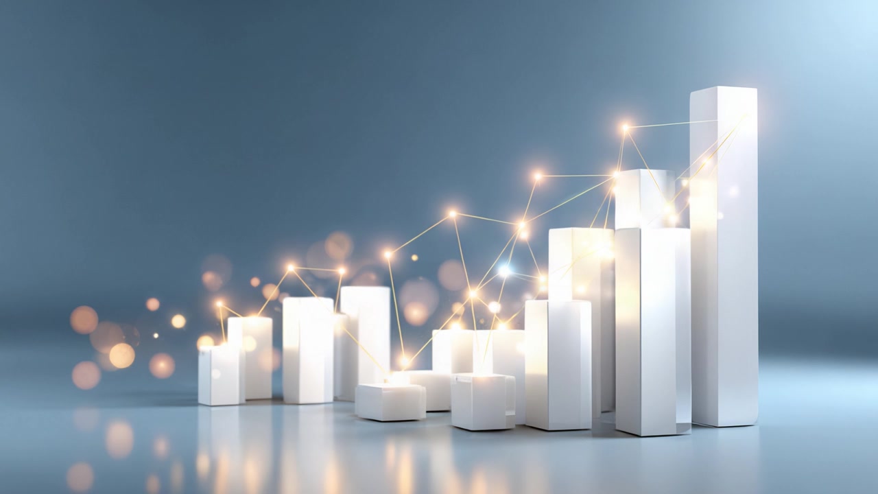 Dynamic Growth Visualization: An Artistic Representation of Rising Bar Graphs with Sparkling Effects and Connecting Elements on a Soft Background
