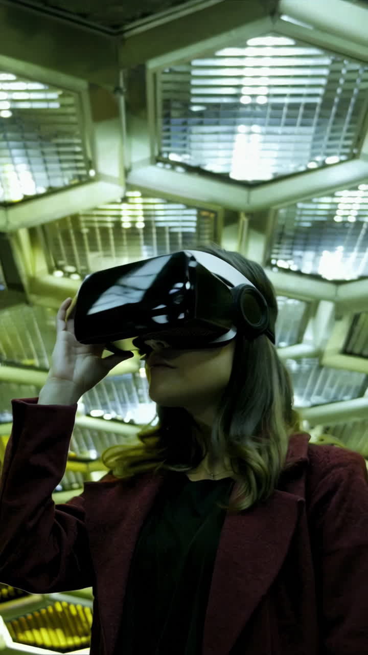 Žena s VR brýlemi v moderní budově