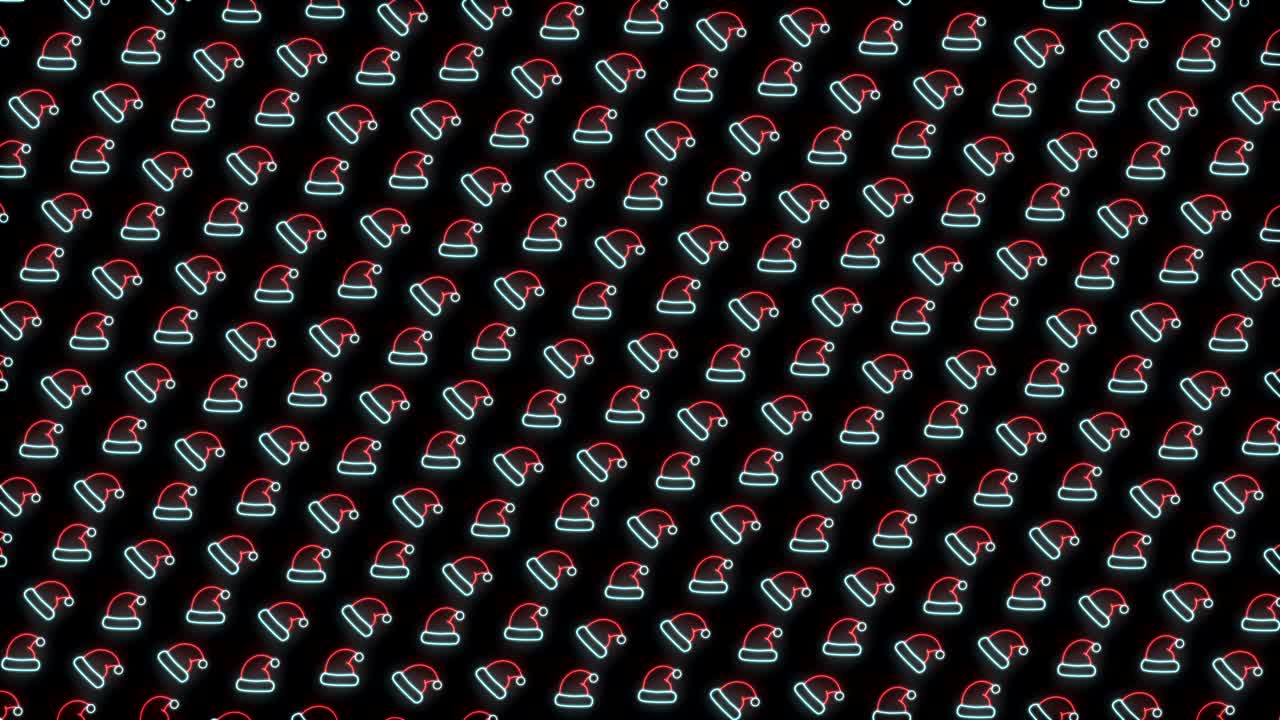 빨간색 흰색과 검은색 루핑 애니메이션에서 산타 모자의 네온 크리스마스 패턴 배경