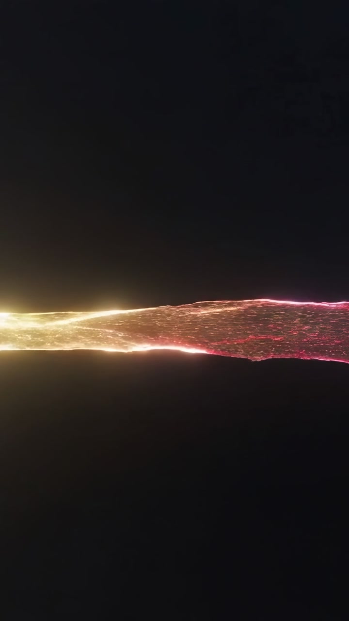 Glowing ribbon reacting to left-edge flare, shifting color, emitting particles, showing tech design