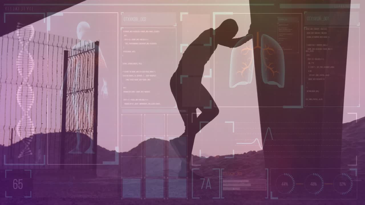 해변에서 스트레칭 운동을 하는 아프리카계 미국인 피트 남자에 대한 의료 데이터 처리