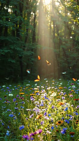 a serene, low-angle video shot of butterflies fluttering over a vibrant wildflower meadow video