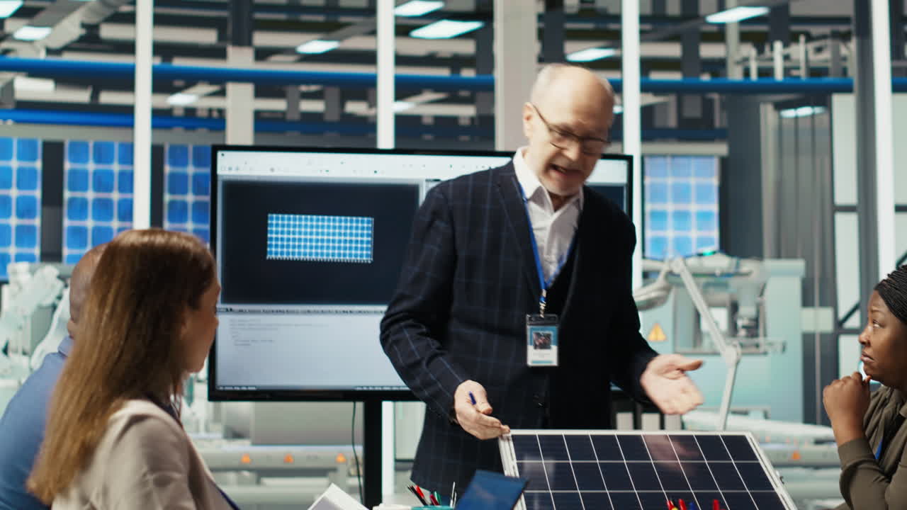 Businessmen In Photovoltaics Factory Doing Financial Investments