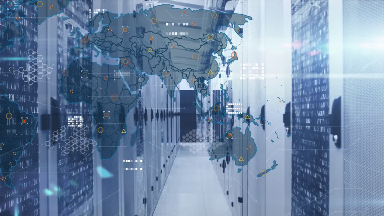 Animation of circuit board pattern and map over binary codes on server racks in server room
