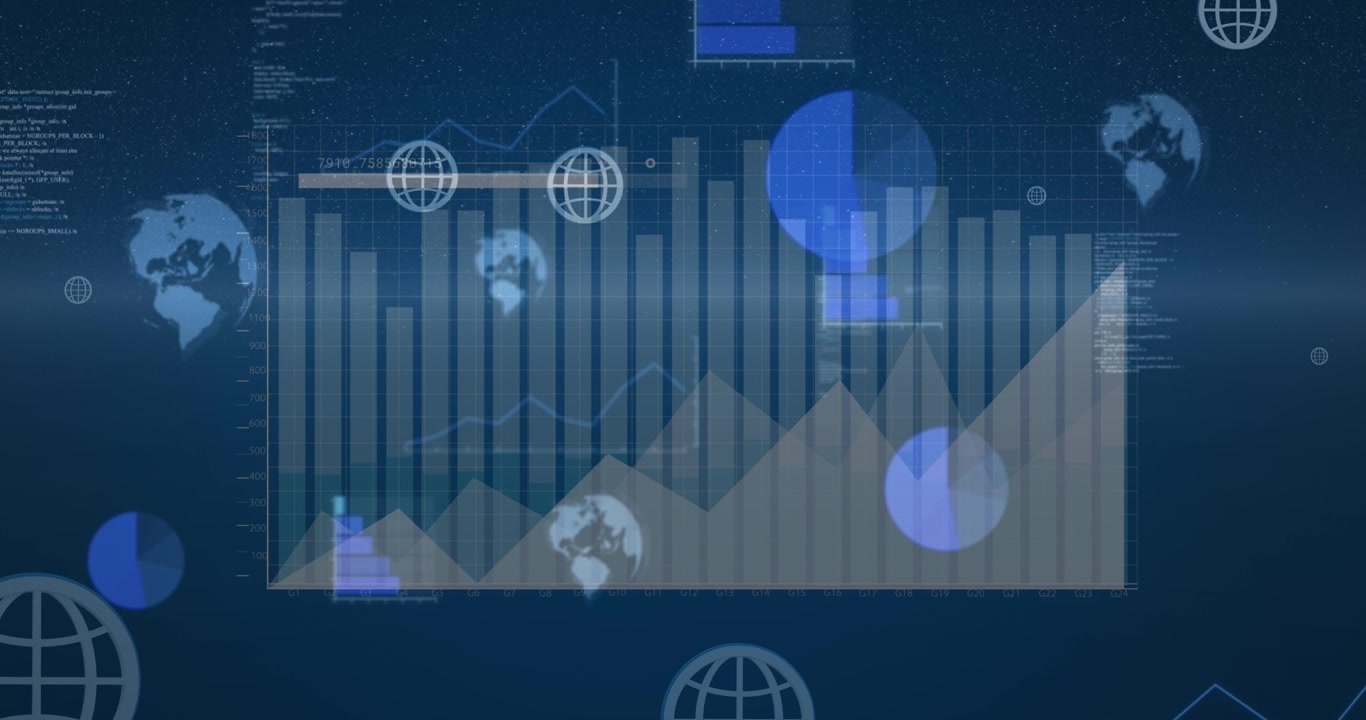 Animation of statistics with globes and icons over blue background