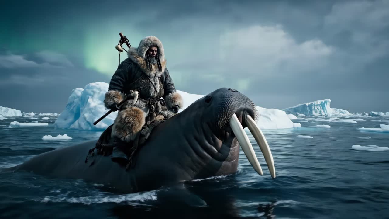 Man Riding a Walrus in the Arctic
