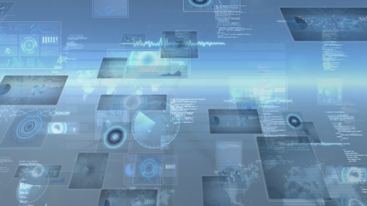 Animation of data processing over screens and globe