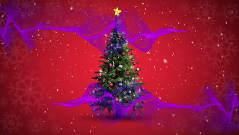 animación de malla púrpura sobre el árbol de navidad y la nieve cayendo sobre un fondo rojo.