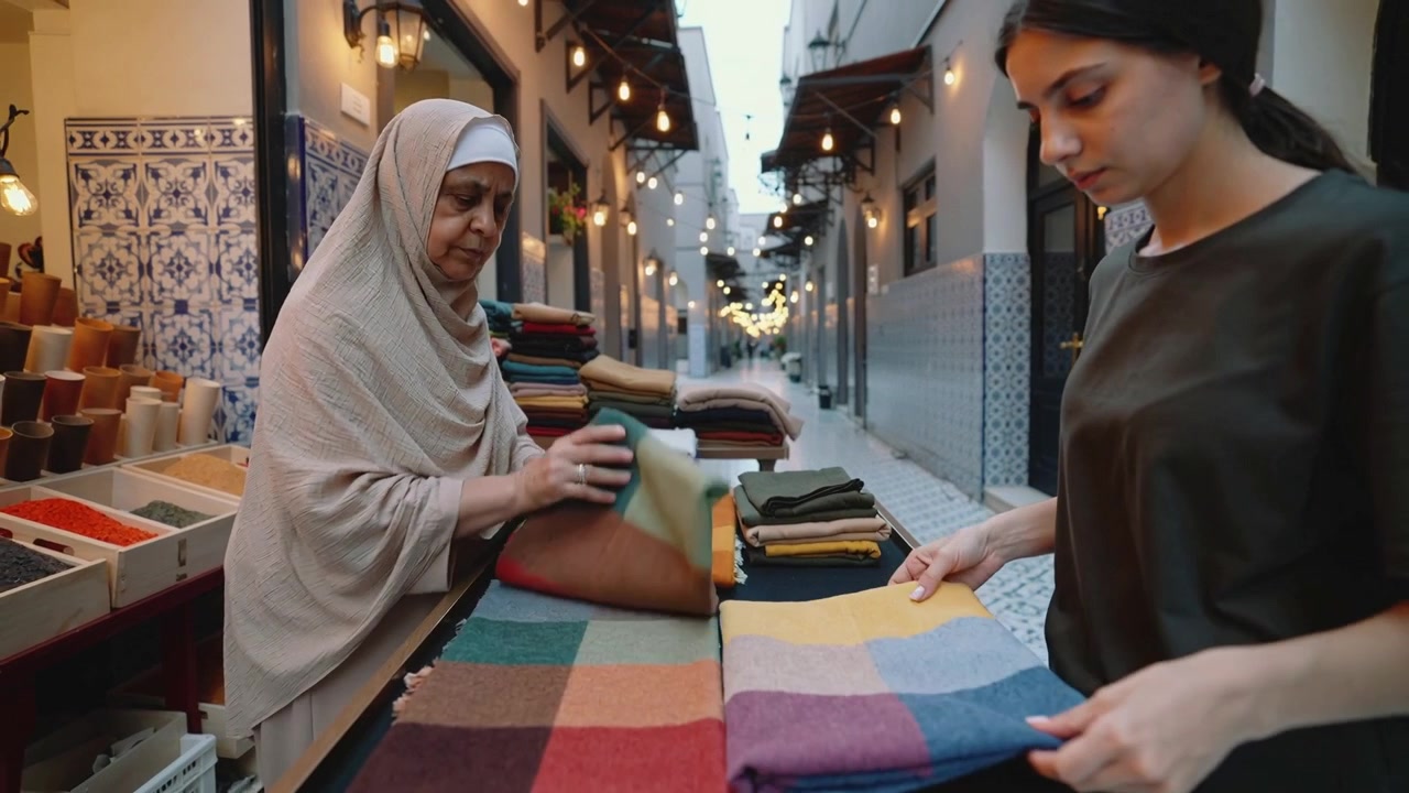 Offering customer scarf, seller wearing hijab reaching, inspecting scarves for sale at bazaar table