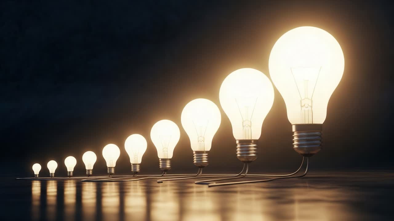 A Series of Illuminated Light Bulbs Gradually Changing in Size, Showcasing the Spectrum of Illumination from Small to Larger Bulbs in a Dark Environment