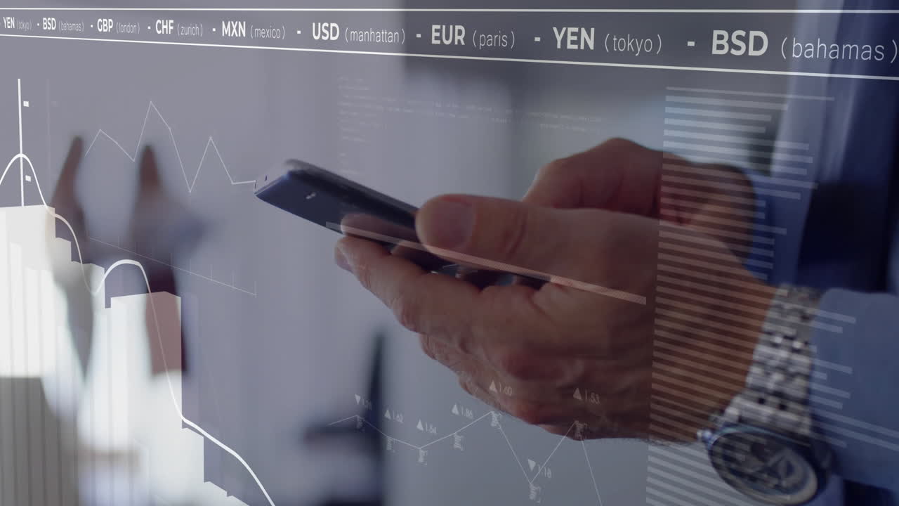 animación de procesamiento de datos y diagramas sobre hombre biracial usando teléfono inteligente