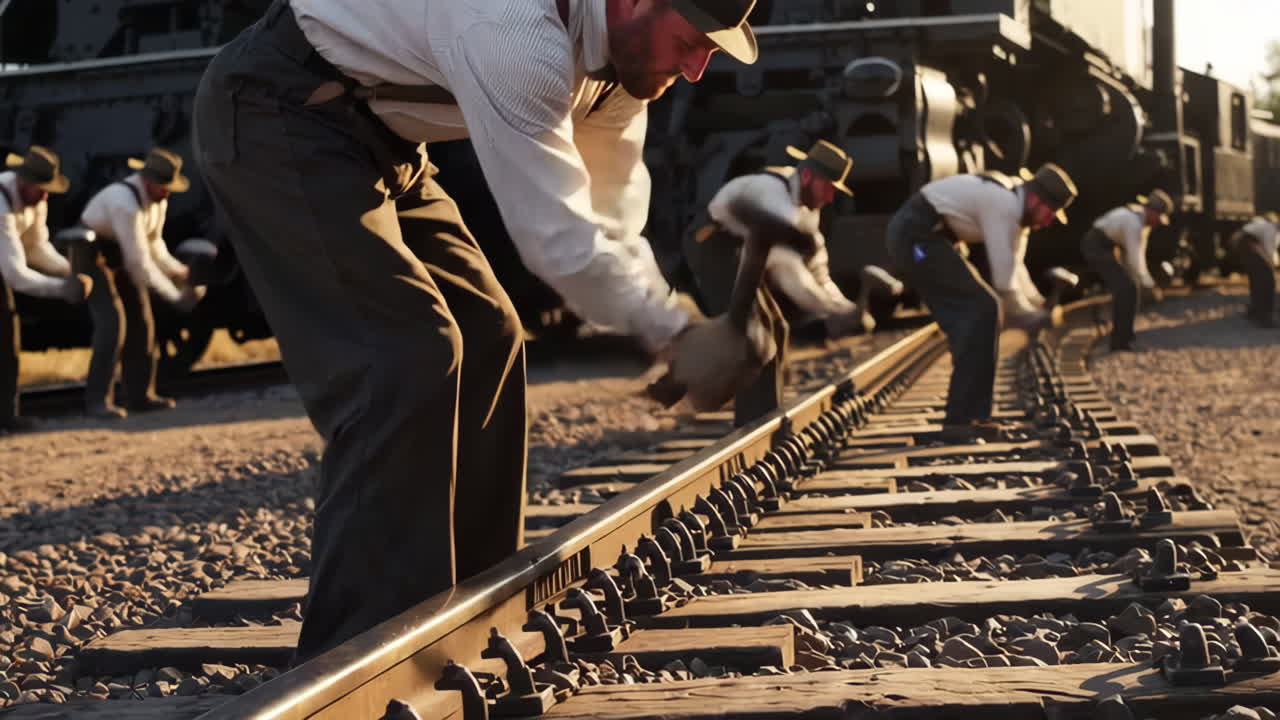 Vintage Railroad Workers Repairing Tracks