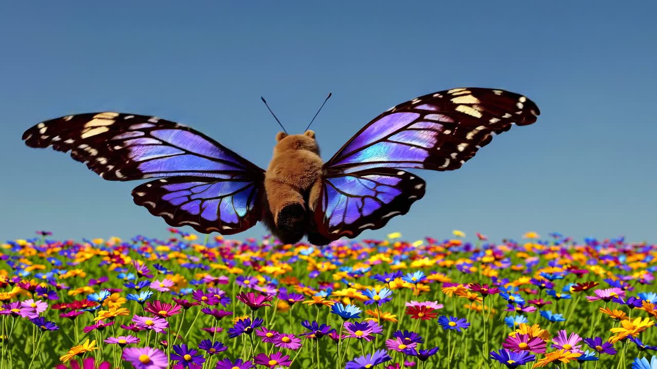 Orso con ali di farfalla in un prato colorato