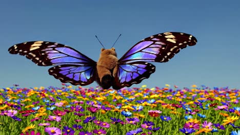 bear with butterfly wings in a colorful meadow