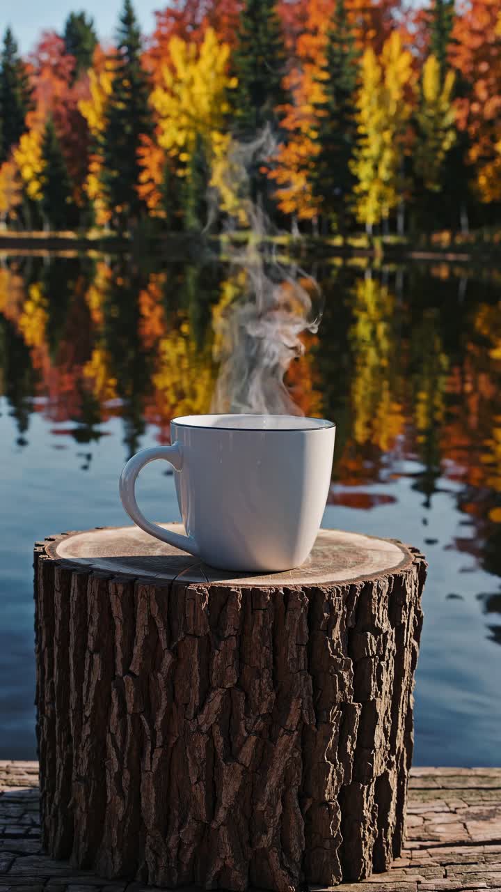 A steaming mug on a tree stump by a lake, with autumn trees reflecting in the water