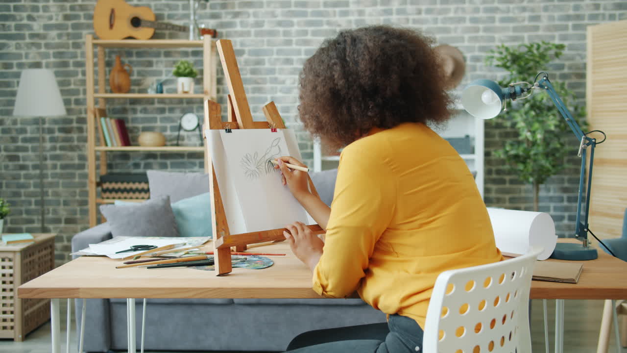 Woman Drawing on Easel at Home
