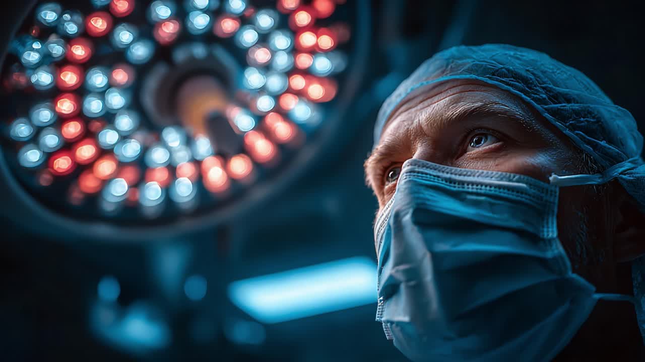 Intensivt fokus i operationssalen: En kirurg förberedd för operation under stark operationsbelysning med mask och mössa, redo att rädda liv genom precision och expertis