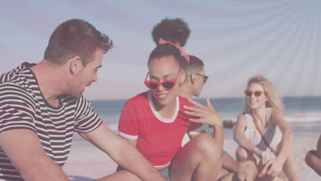 friends sitting on sandy beach, exploring travel data with animated icons and floating charts